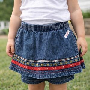 Vintage‎ Healthtex Toddler Girl Denim Skort Size 4 Embroidered Floral Red Trim